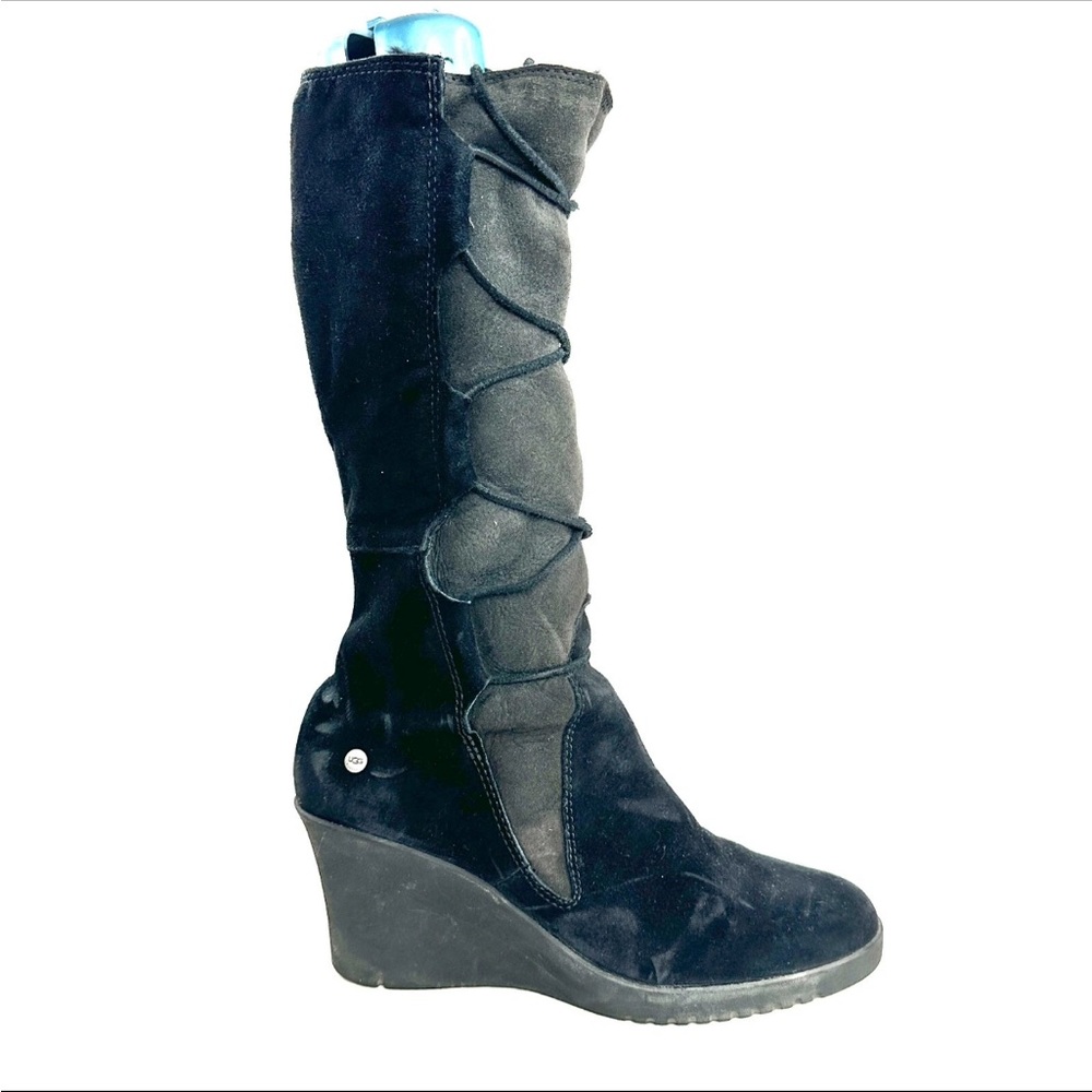UGG Elsey Women Size 11 Black Suede Wedge Boot Mid Calf Lace Up Sheepskin Lined